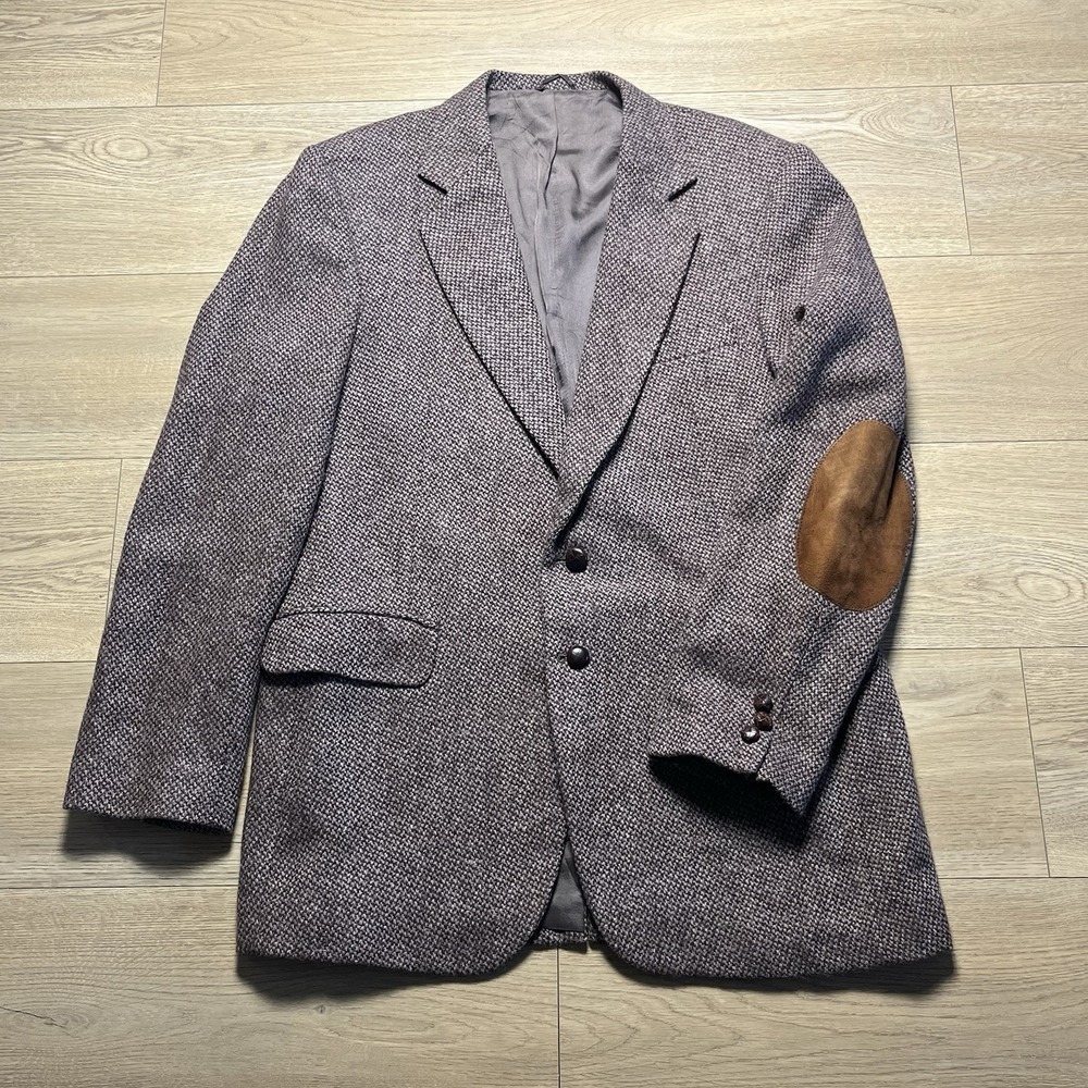 Vtg Woodmere Sport Coat Mens 44R Brown Herringbone Tweed Elbow Patches 100% Wool